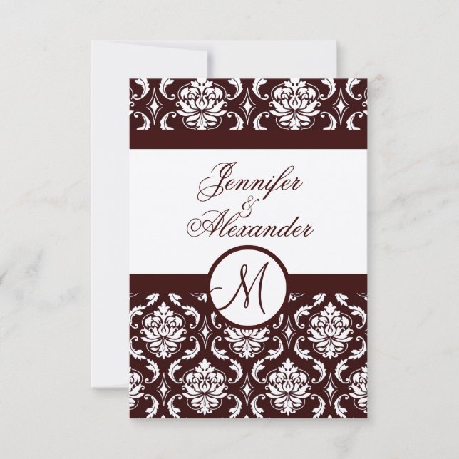 Carte RSVP Monogramme Brown Damask sur papier à fe (Devant)