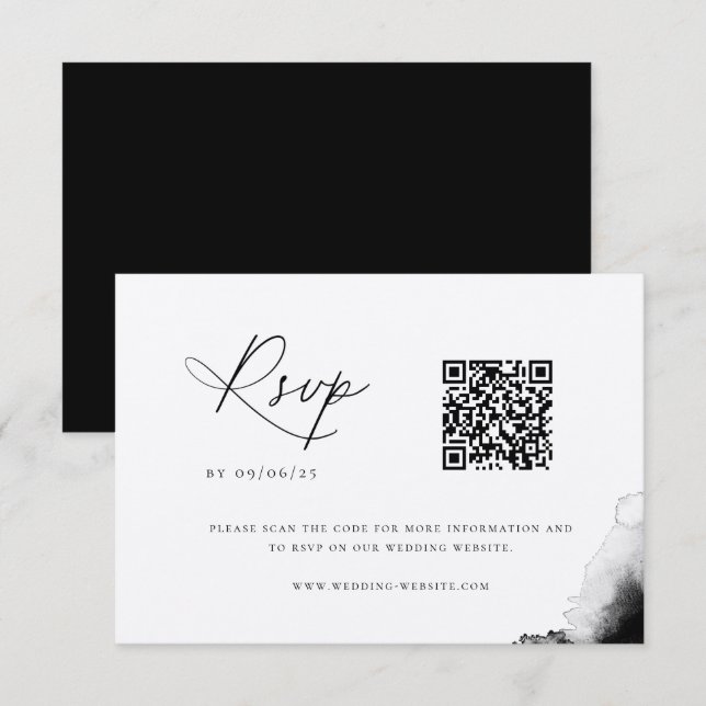 Carte RSVP Moody Black Watercolor Mariage QR Code (Devant / Derrière)