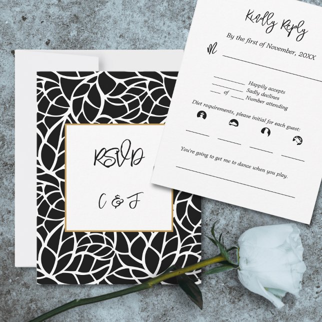 Carte RSVP Motif Abstrait noir blanc (Black White Abstract Foliage Pattern RSVP Card)