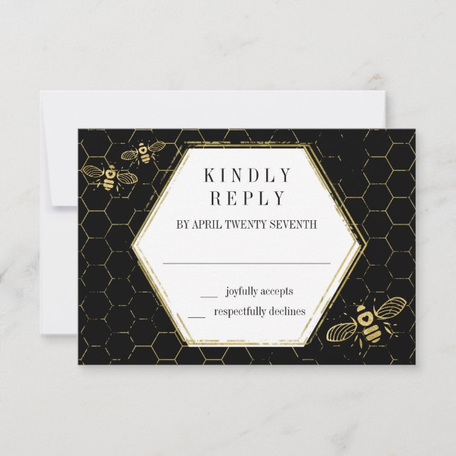 Carte RSVP Motif Honey Bee Black Gold (Devant)