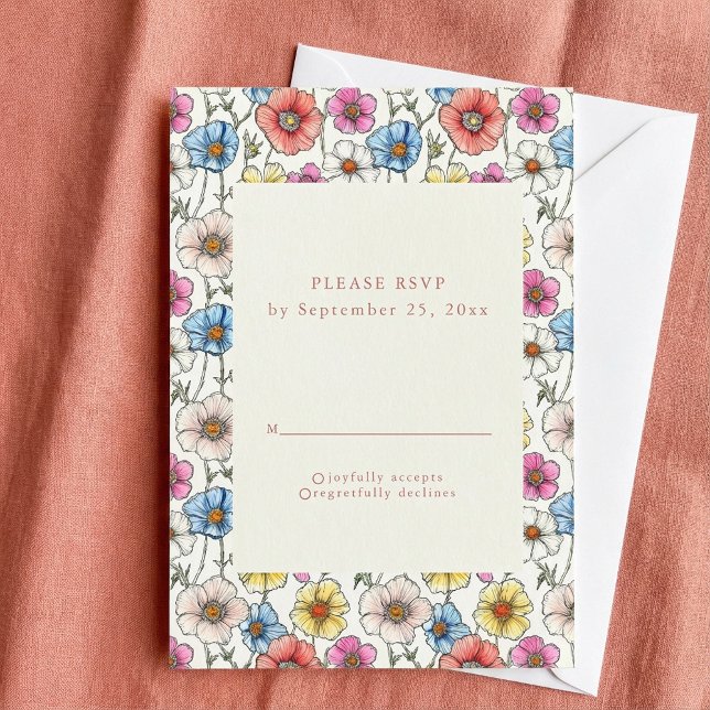 Carte RSVP motif vive et transparente pour fleurs  (Vivid wild flowers seamless pattern RSVP card.)