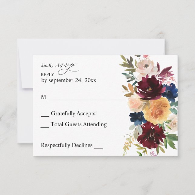 Carte RSVP Navy, Bourgogne & Pink Floral no Meal (Devant)