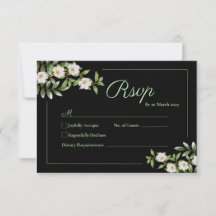 Carte RSVP Noir avec Camellia Blanc Mariage