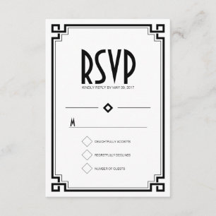 Carte RSVP Noir Cadre Art Déco Mariage Blanc