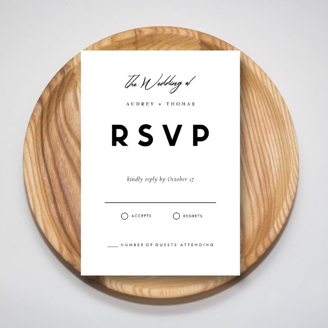 Carte RSVP noir et blanc |Mariage minimaliste mode (Contemporary Black & White Simple Wedding RSVP Card)