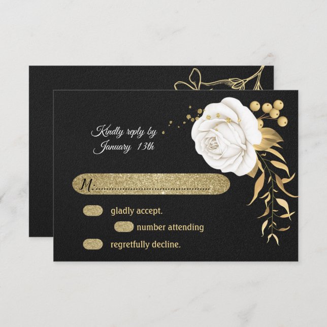 carte RSVP noir floral or blanc (Devant / Derrière)