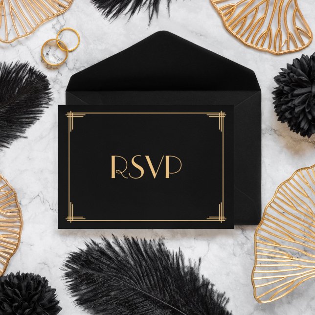 Carte RSVP Noir Grand Gatsby Art Déco Mariage (Créateur téléchargé)