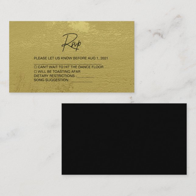 Carte Rsvp Noir & Or Texturée de mariage moderne (Devant / Derrière)