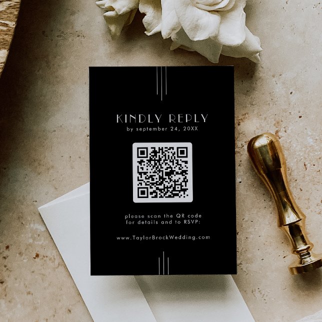 Carte RSVP Noir TOUS Art Déco avec code QR (EVERLY Art Deco Black RSVP Card with QR Code)