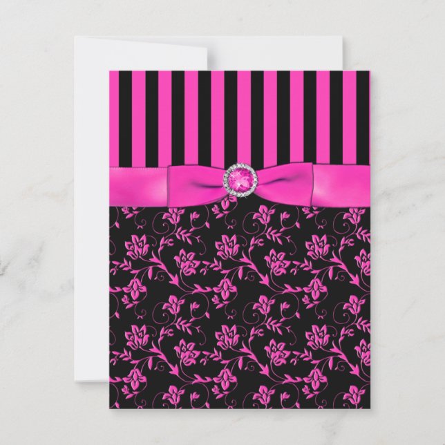 Carte RSVP noire et rose chaud rayée et ornée de b (Devant)