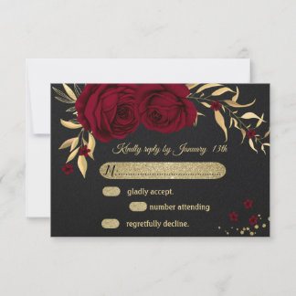 carte RSVP noire florale d'or bordeaux