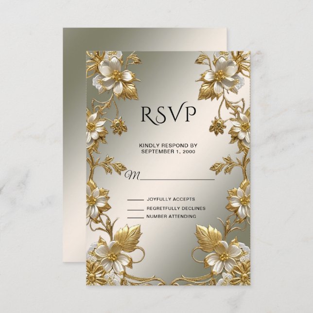 Carte RSVP Ornat Or Floral Blanc (Devant / Derrière)