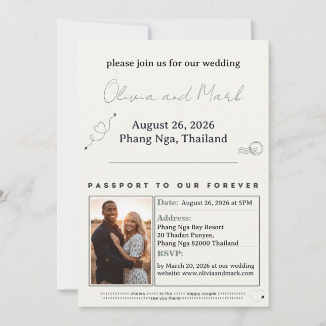 Carte RSVP Passeport – Vert Sauge & Beige | Rustiq (Devant)