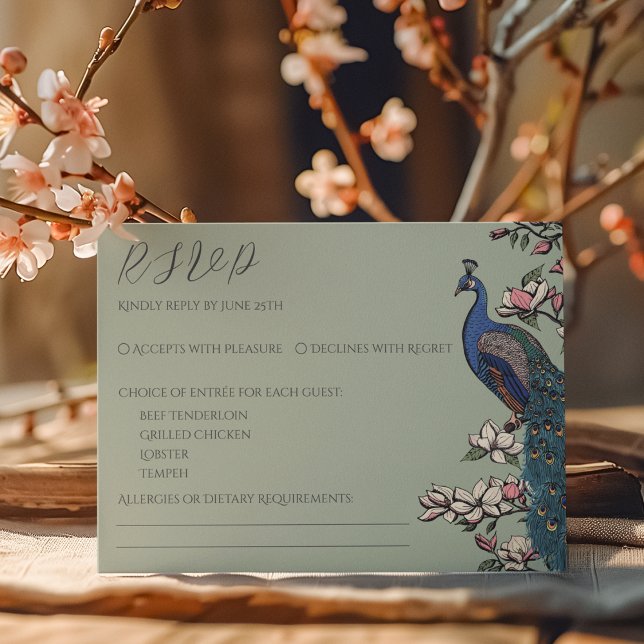 Carte RSVP Peacock Verte Simple Sage (Elegant Sage Green RSVP Card for Wedding Ceremonies. Hand Drawn Floral Chinoiserie Peacock & Flowers)