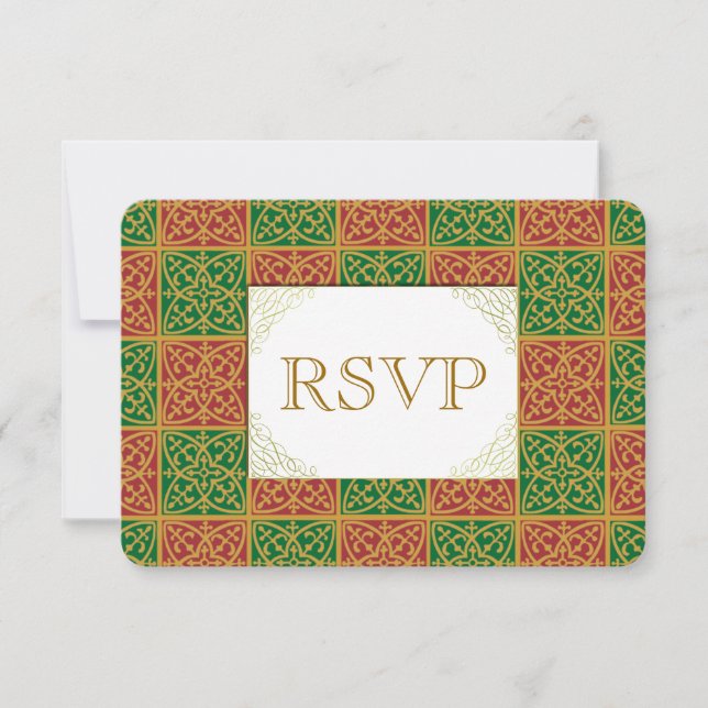 Carte RSVP personnalisée Fleur de Lis Rouge Vert (Devant)