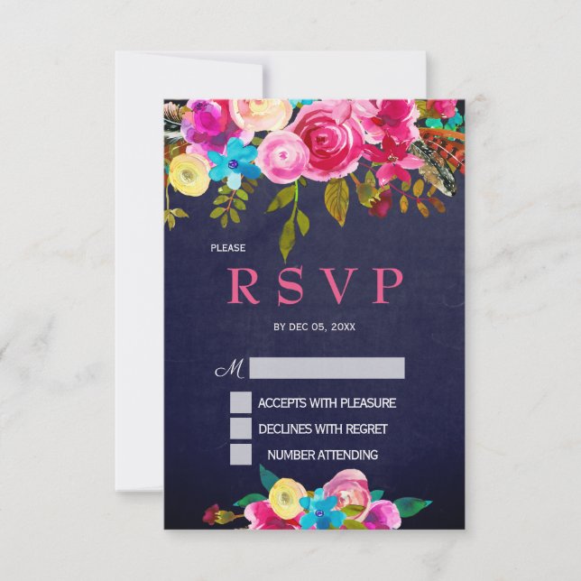 Carte RSVP Pink Floral Navy Blue Chalkboard (Devant)