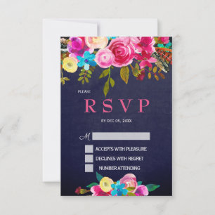 Carte RSVP Pink Floral Navy Blue Chalkboard