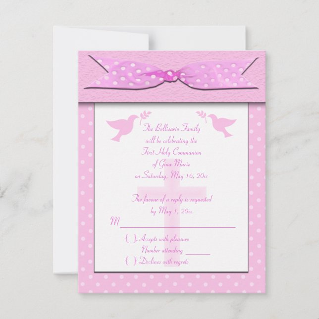 Carte RSVP Pink Polka Dot First Holy Communion (Devant)