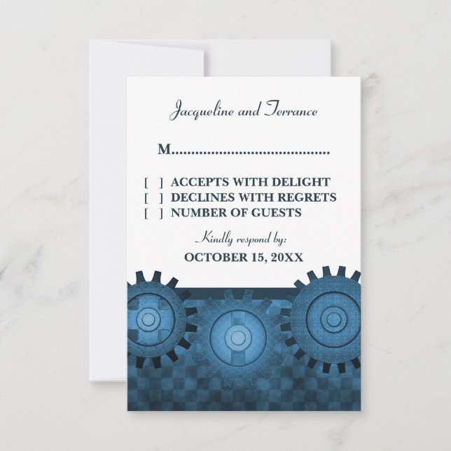 Carte RSVP pour engrenages Steampunk, bleu (Devant)