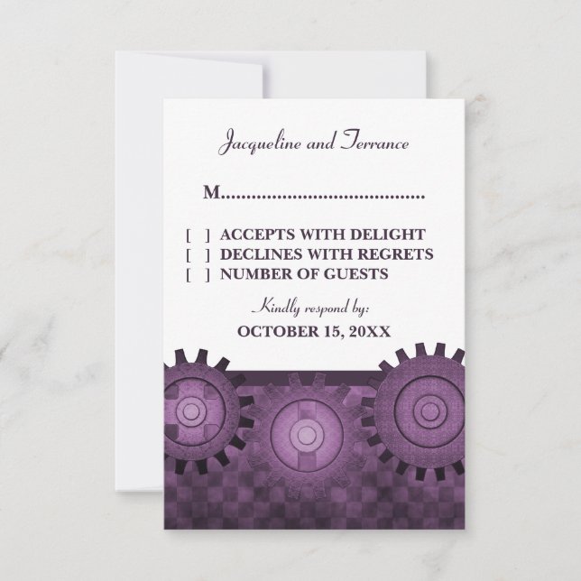 Carte RSVP pour engrenages Steampunk, violet (Devant)