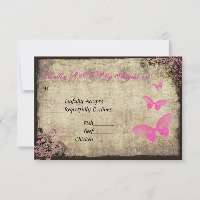 Carte RSVP pour mariage avec papillon rose Vintage (Devant)
