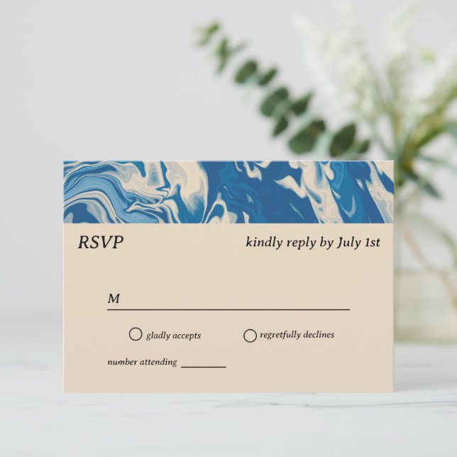 Carte RSVP pour mariage côtier moderne en marbre b (Debout devant)