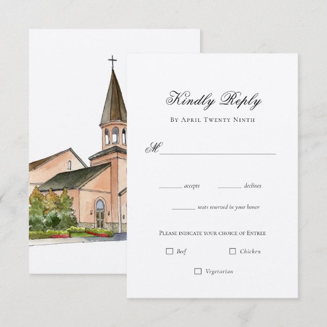 Carte RSVP pour mariage de l'église Watercolor (Devant / Derrière)