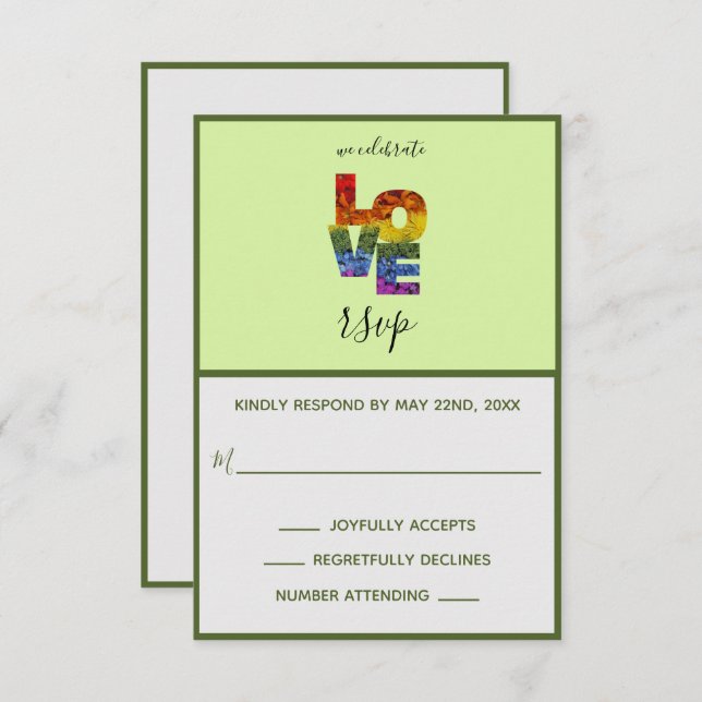 Carte RSVP pour mariage homosexuel à thème vert am (Devant / Derrière)