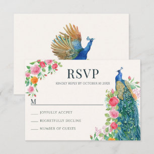 Carte RSVP pour oiseau de paon bleu floral