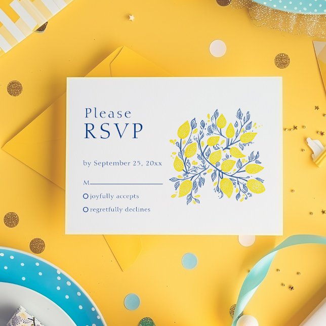 Carte RSVP pour vignes de citron (Bright yellow and blue Lemon Vines RSVP Response Card.)