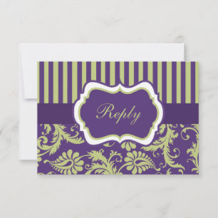 Carte RSVP pourpre, verte et blanche en damas