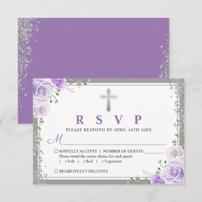 Carte RSVP Première communion florale violet argen (Devant / Derrière)