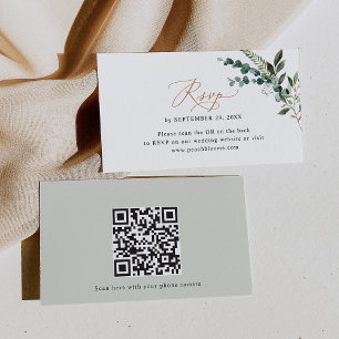 Carte RSVP QR Code Eucalyptus Greenery Gold Weddin