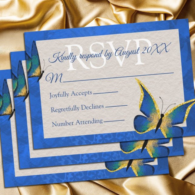 Carte RSVP Quinceañera Bleu, Papillon Or (royal blue gold quinceanera rsvp cards for elegant blue butterfly invitations)