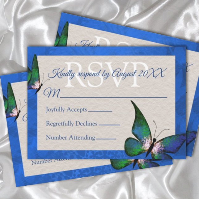 Carte RSVP Quinceañera Bleu, Papillon Vert (elegant royal blue white quinceanera rsvp card with blue edge and butterfly card template customize)