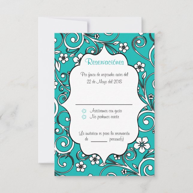 Carte RSVP Quinceañera en espagnol bleu et noir (Devant)