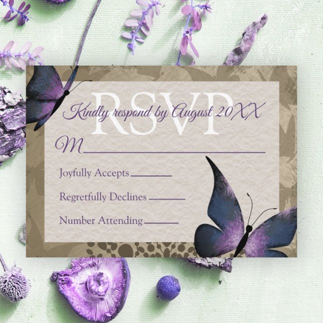 Carte RSVP Quinceañera vintage au papillon pourpre (lavender beige purple brown vintage quinceanera rsvp card enclosure information reply butterfly)