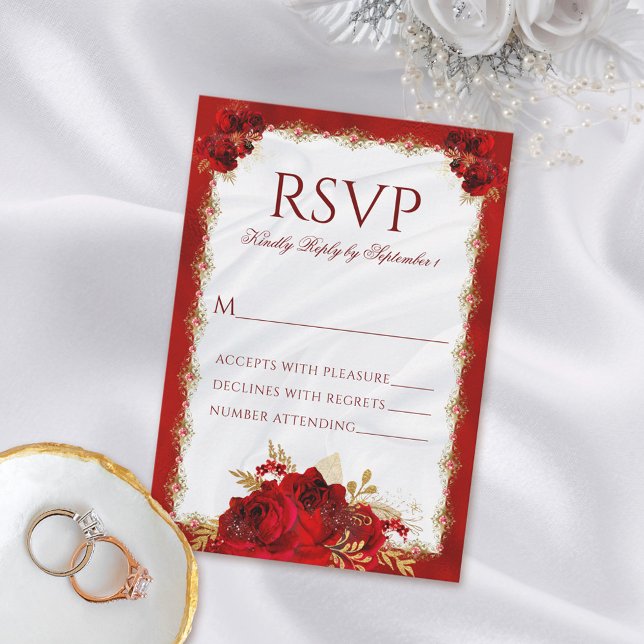 Carte RSVP Red et Gold Elegant Floral Wedding (Créateur téléchargé)