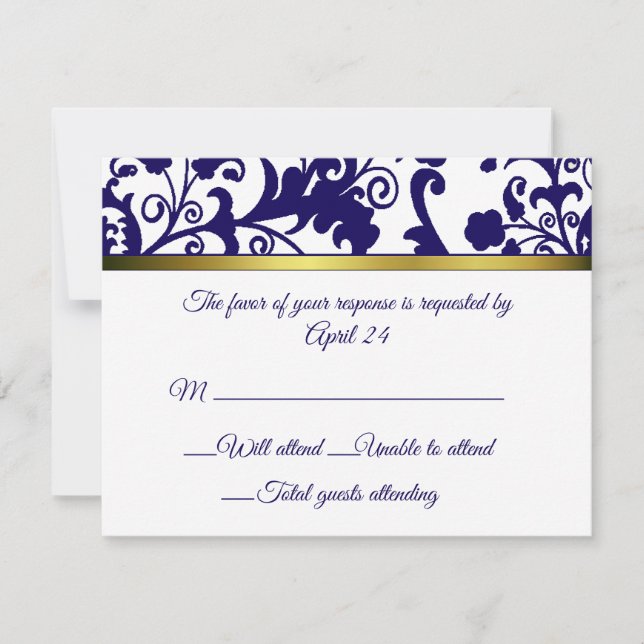 Carte RSVP Regency bleu et blanc damassé (Devant)
