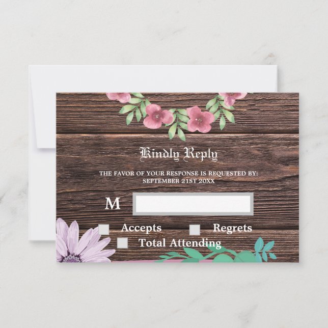 Carte RSVP & Réponse en bois et fleurs rustiques (Devant)