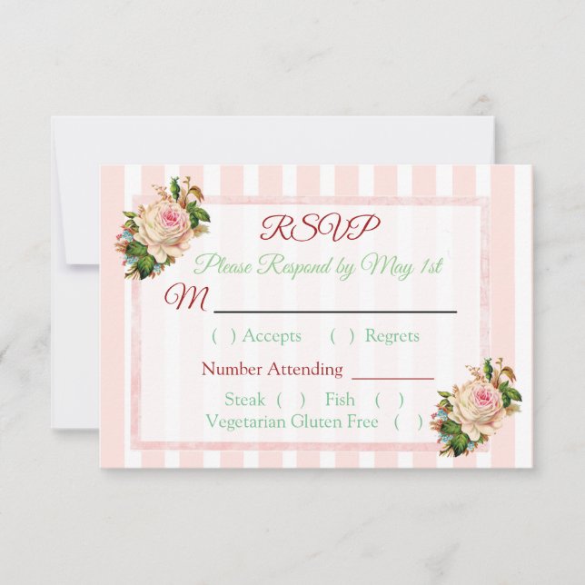 Carte RSVP Rose Coral Floral Striped Wedding (Devant)