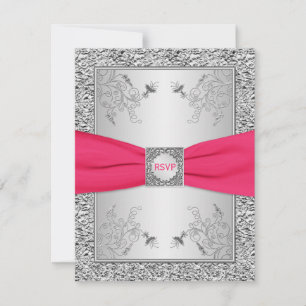 Carte RSVP   Rose, Feuille FAUX Argent, Floral