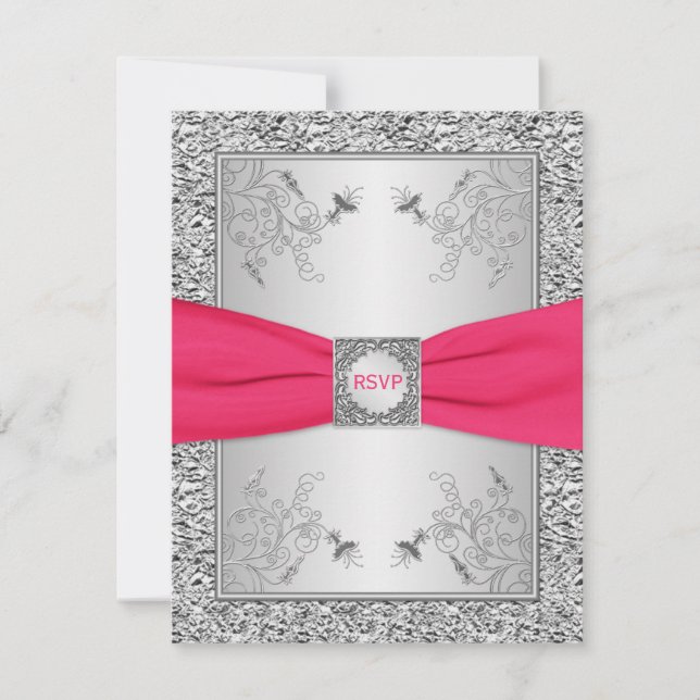 Carte RSVP | Rose, Feuille FAUX Argent, Floral (Devant)