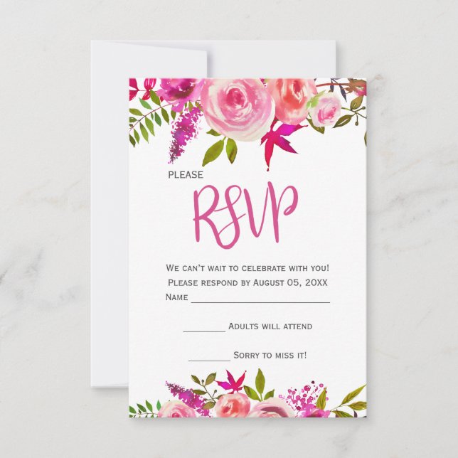 Carte RSVP rose Fuchsia Botanical Floral Wedding (Devant)