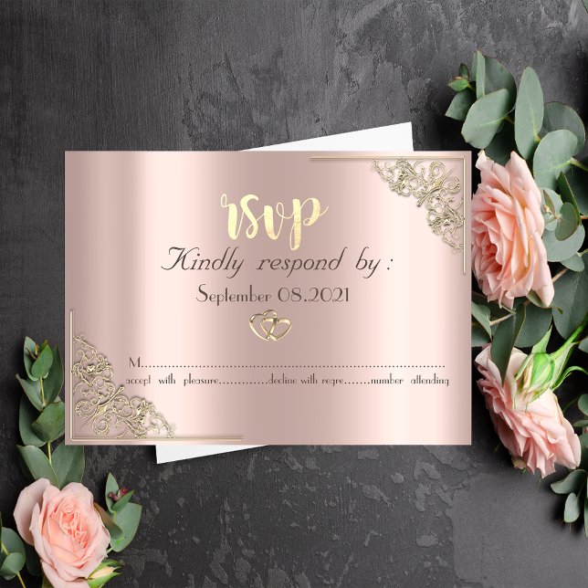 Carte RSVP Rose Gold Cœurs Or Élégants (Créateur téléchargé)
