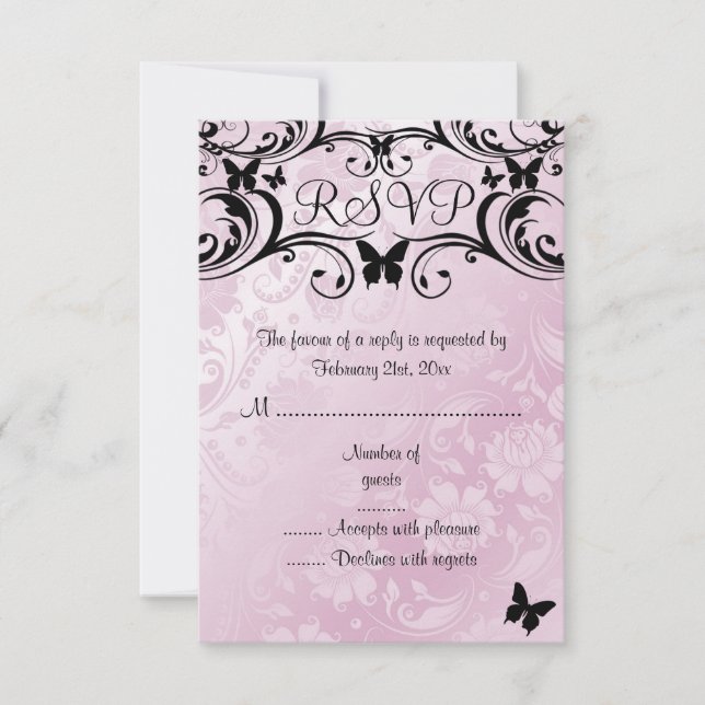 Carte RSVP rose & noir Papillon & Fleur (Devant)
