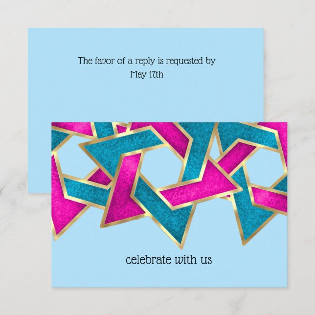 Carte RSVP rose Turquoise étoile de David (Devant / Derrière)