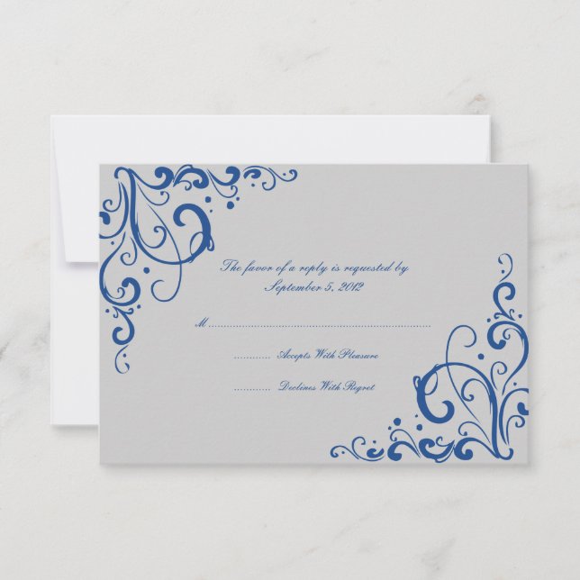 Carte RSVP Royal Blue and Grey Flourish Wedding (Devant)