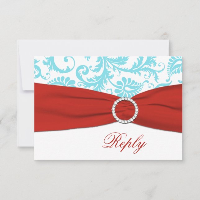 CARTE RSVP ruban imprimé aqua, blanc, rouge damass (Devant)