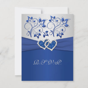 Carte RSVP Ruban Imprimé Cœurs Unis Bleu Argent